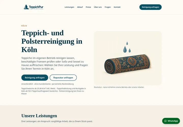 Screenshot der Startseite von teppichpur.de zur Teppich- und Polsterreinigung in Köln